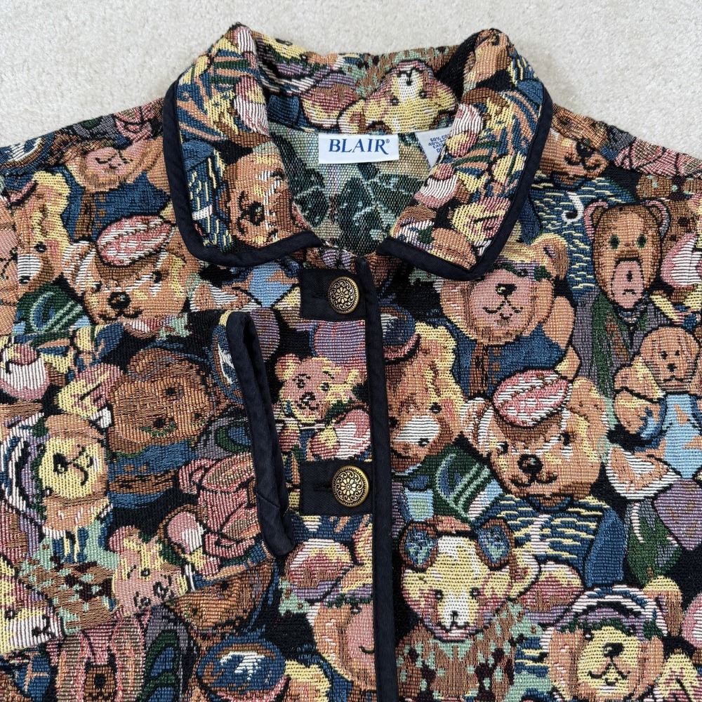 Vtg BLAIR Tapestry Teddy Bear Jacket Womens XL Grandma Boho Artsy Art-to-wear